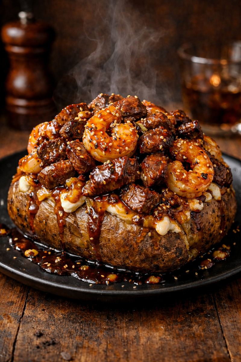 Honey Garlic Shrimp & Steak Loaded Baked Potato