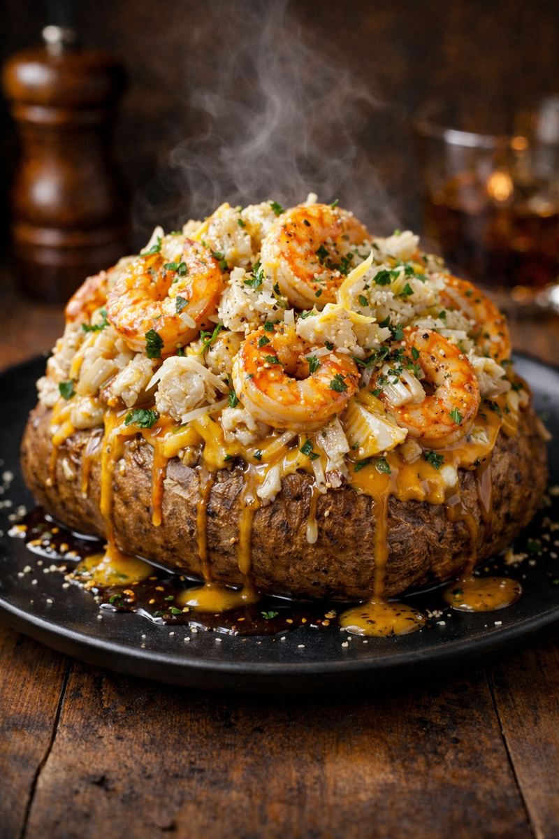 Lemon Garlic Crab & Shrimp Loaded Baked Potato